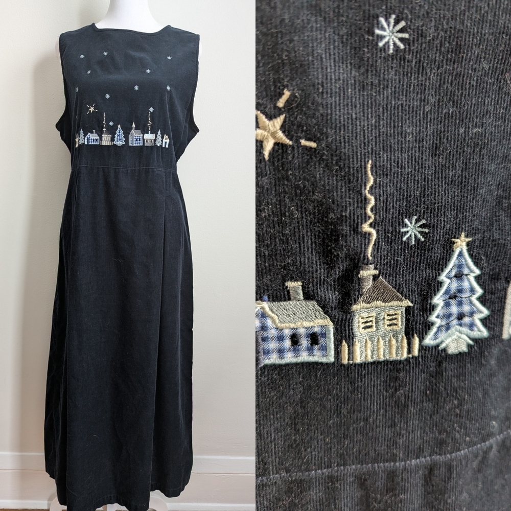 VTG Woolrich Navy Pinwale Corduroy Jumper Dress W/Embroidered Winter Cityscape M